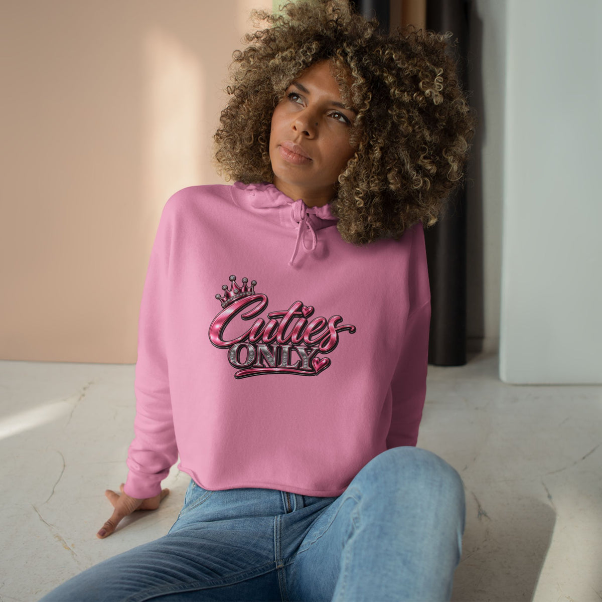 Cuties Only Crop Hoodie — Pink Glitter Script Crown Graphic