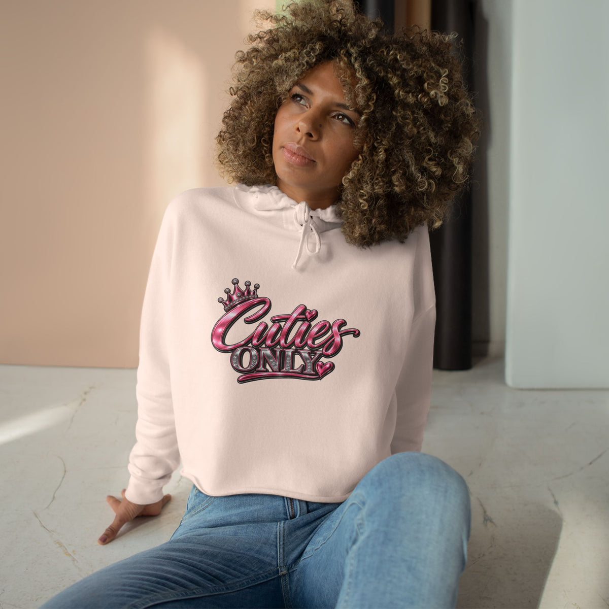 Cuties Only Crop Hoodie — Pink Glitter Script Crown Graphic