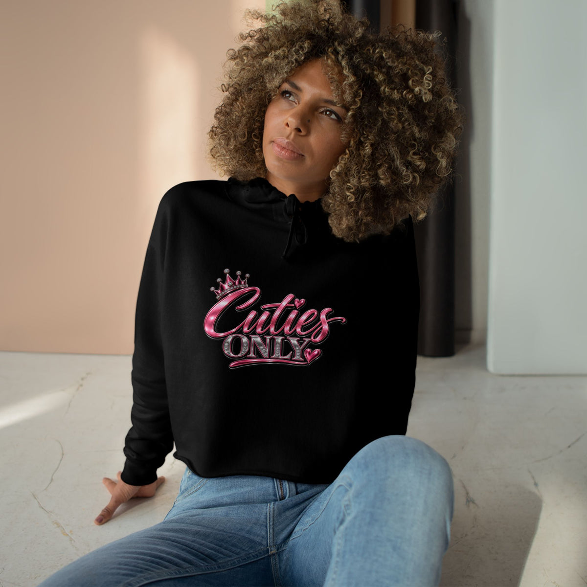 Cuties Only Crop Hoodie — Pink Glitter Script Crown Graphic