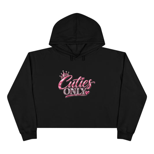 Cuties Only Crop Hoodie — Pink Glitter Script Crown Graphic